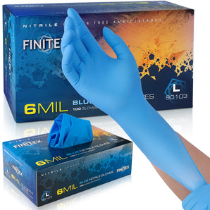 Blue nitrile gloves with Fintex packaging on a white background