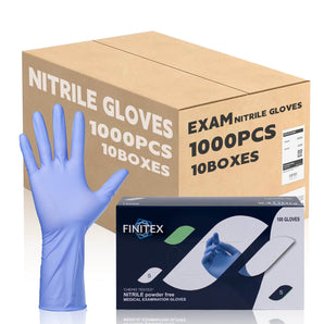 Box of FINITEX nitrile gloves with a single glove displayed in front on a white background