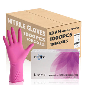 FINITEX rose red nitrile gloves with a box in the foreground.