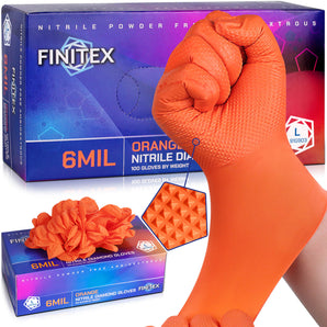 Orange nitrile gloves with a box labeled 'Finitex' on a white background