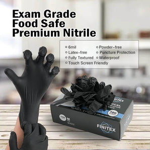 FINITEX 6mil Black Nitrile Disposable Exam Gloves Latex-Free Food Prep Gloves