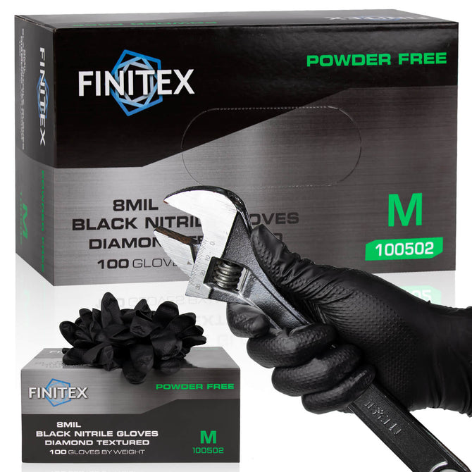 FINITEX Heavy-Duty Black Industrial Nitrile Gloves 8Mil 3D Diamond 100pcs