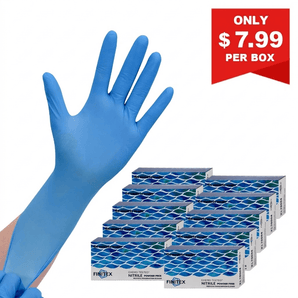 Blue nitrile gloves with a box of gloves and a promotional banner on a white background